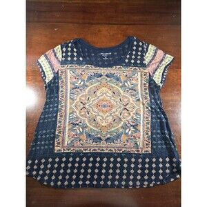 Lucky Brand Shirt Womens 2X Navy Boho Artsy Tee Tapestry Print Festival Comfy
